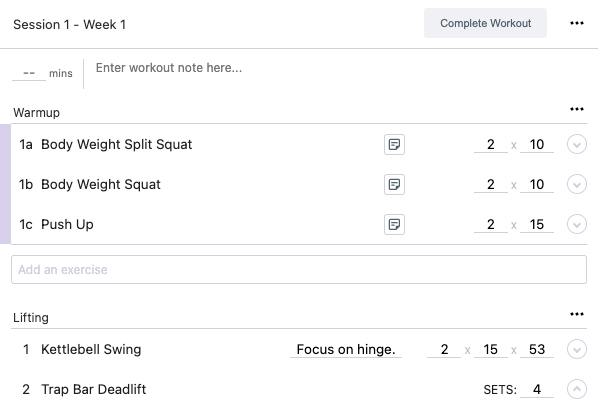 Screenshot of StrengthPortal session template
