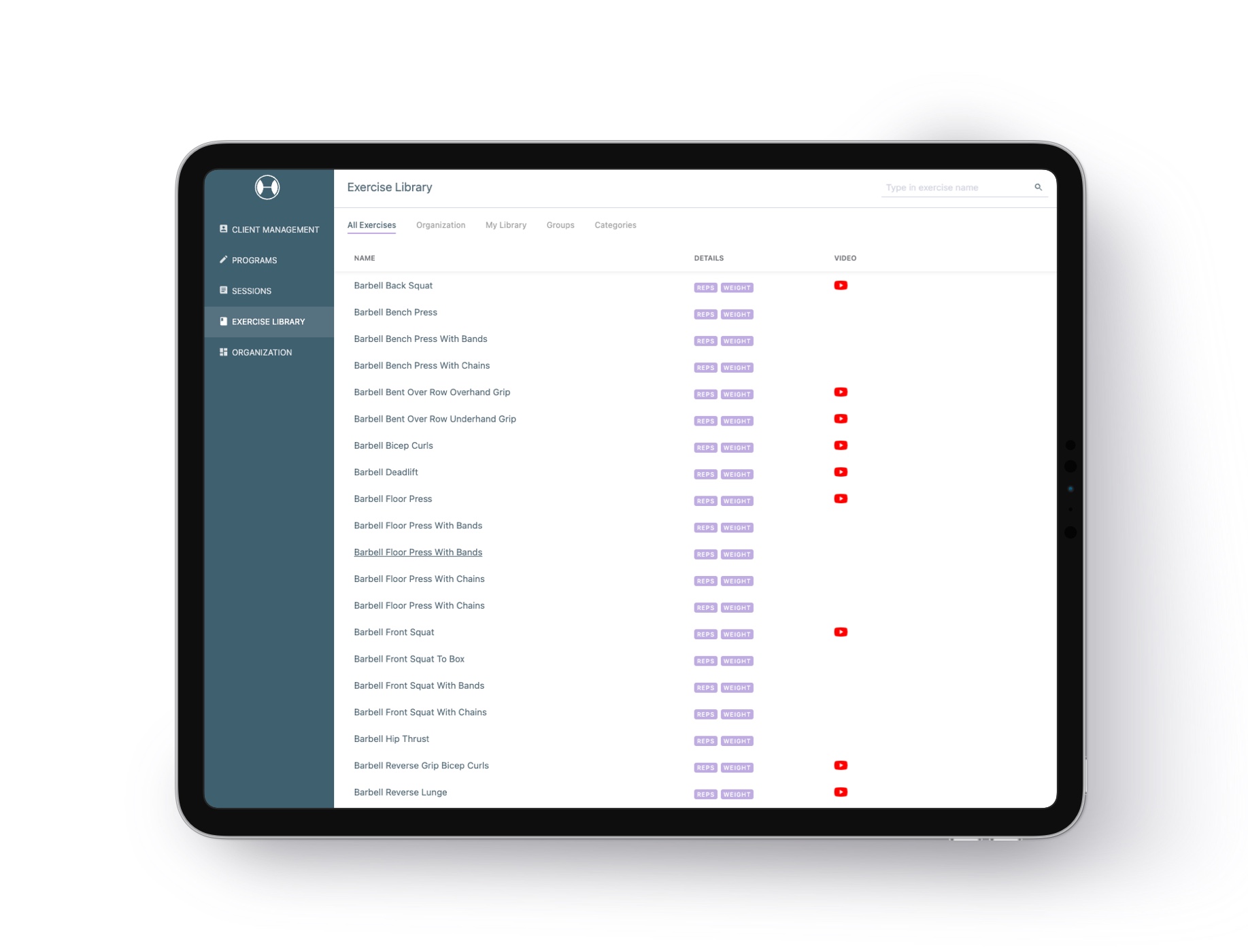 Screenshot of StrengthPortal exercise library on a tablet