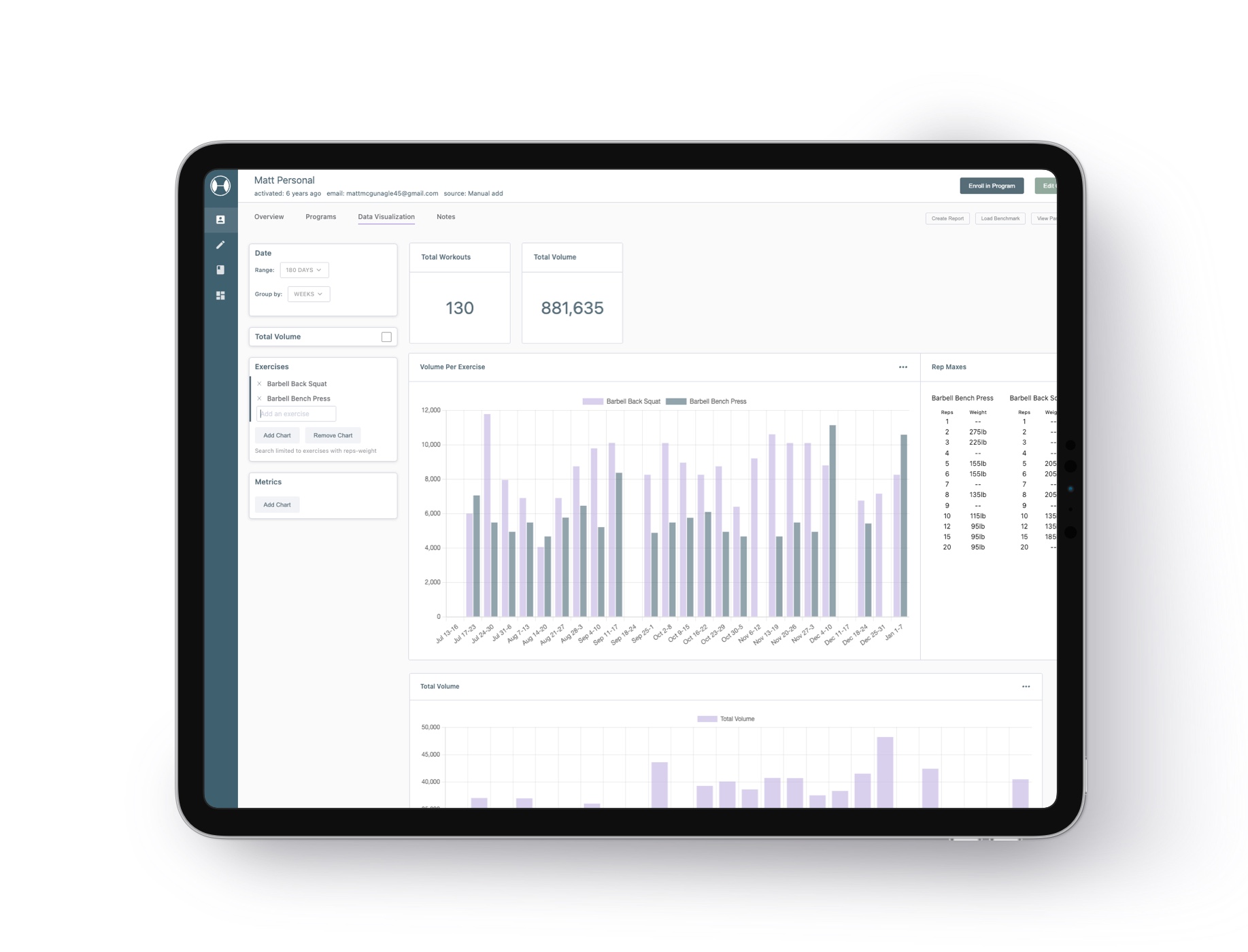 Screenshot of StrengthPortal's Custom Reports on a tablet