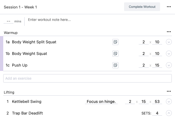 Screenshot of a workout session template in StrengthPortal